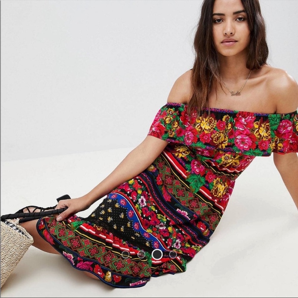 ASOS Off Shoulder Midi Sundress In Spliced Floral